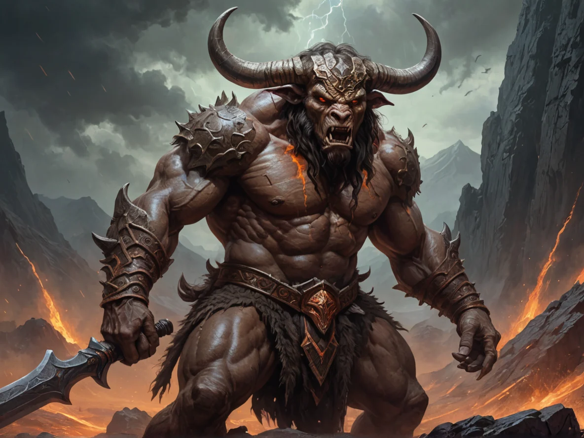 Gloomy (Minotaur:1.1), Holds a massive sword inscribed with runes, close-up portrait, volcanic crater, weak