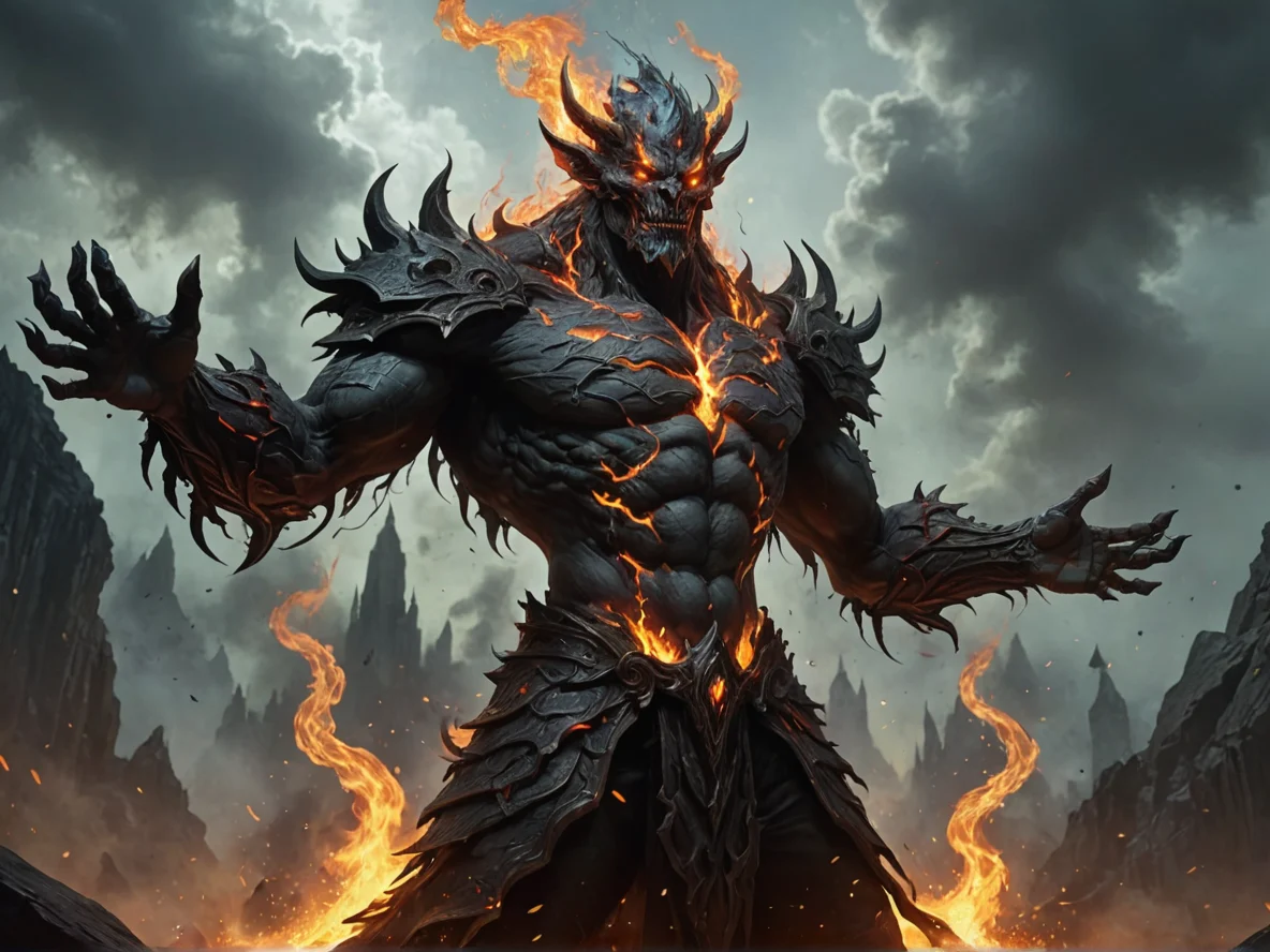 Sinister (Fire Elemental:1.1), smoldering coal body, ash veil, delicate silhouette, Raising their arms to the sky as if summoning a greater power, dynamic angle, magic library, weak