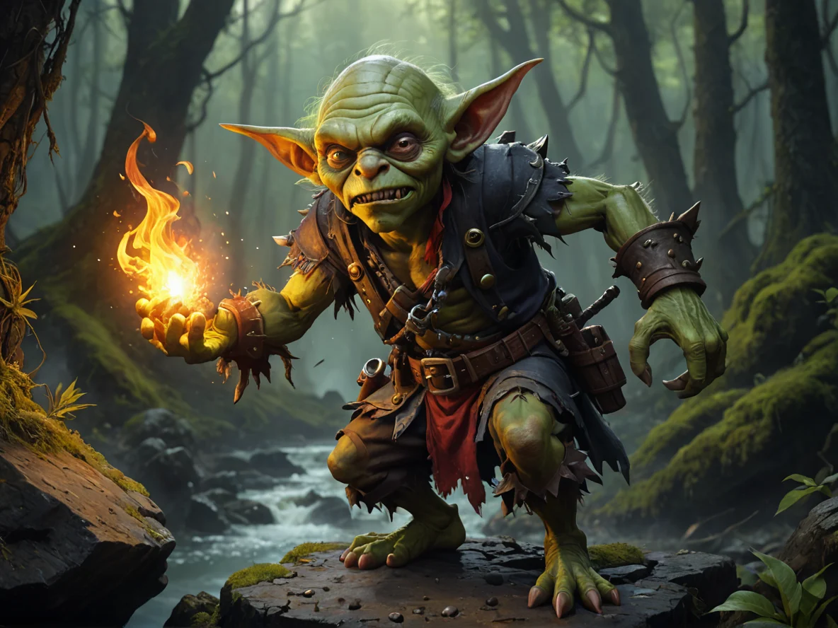 Oathbound (Goblin:1.1), Pirate, Casting fireball from cliff edge, waist-up shot, dark swamp, weak