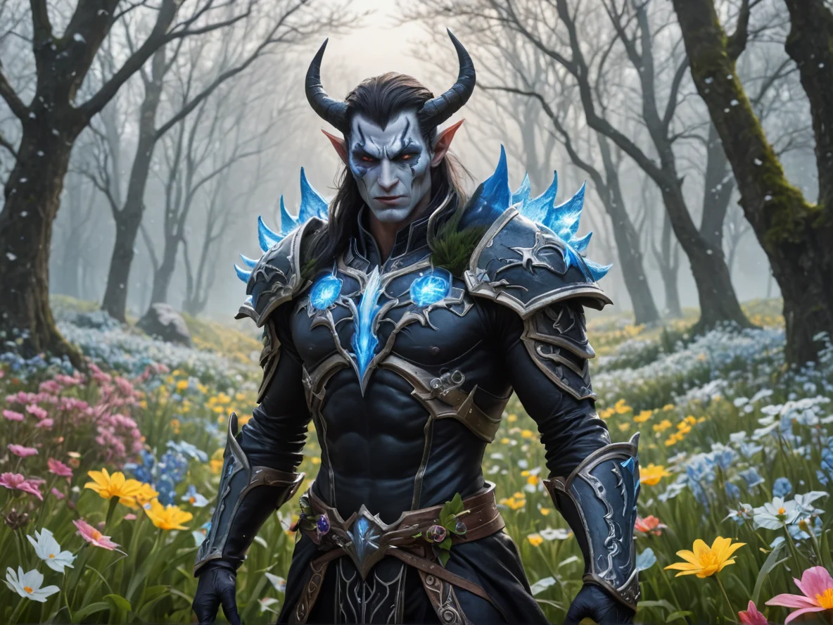 Venom-marked (Elf:1.1), Cleric, Surrounded by an icy mist aura, waist-up shot, flower meadow, weak