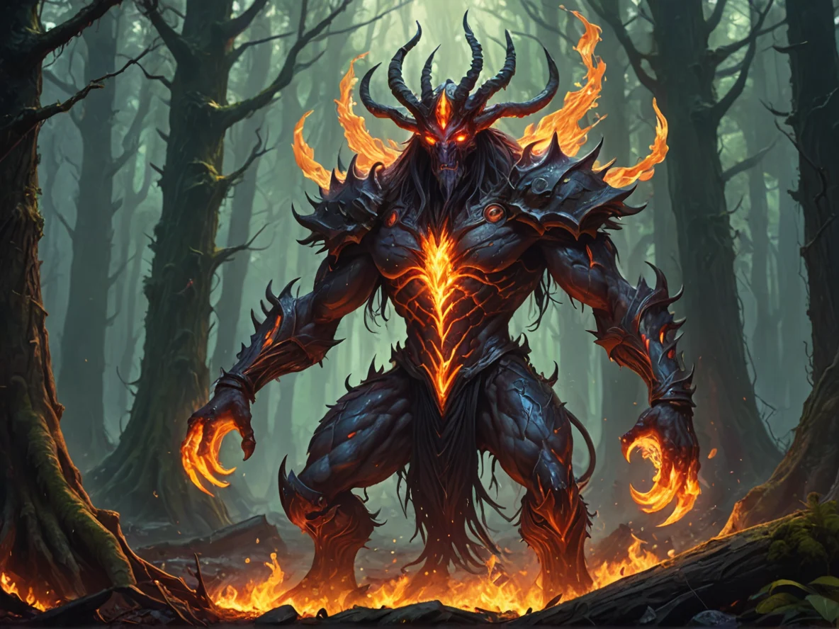 Eldritch (Fire Elemental:1.1), liquid magma body, burning crown, elegant stance, In a dense forest, surrounded by mystical creatures, medium close-up, weak