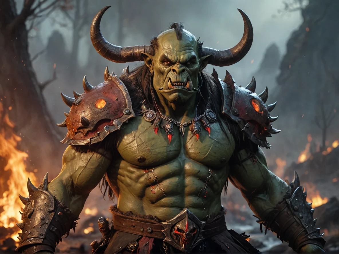 Intimidating (Orc:1.1), Warrior, Horns wreathed in embers, waist-up shot, marshland, weak