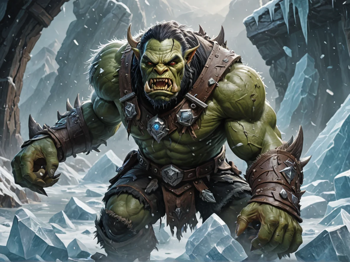 Unyielding (Orc:1.1), Hunter, Surrounded by floating shards of ice, close-up portrait, broken statues, weak