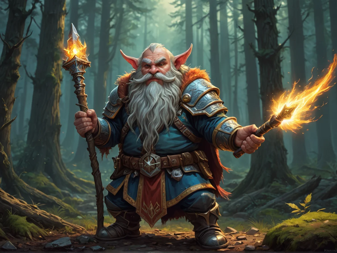 Unholy (Dwarf:1.1), Warden, A wand tipped with a captured spark of dawn, three-quarter view, ancient forest, weak