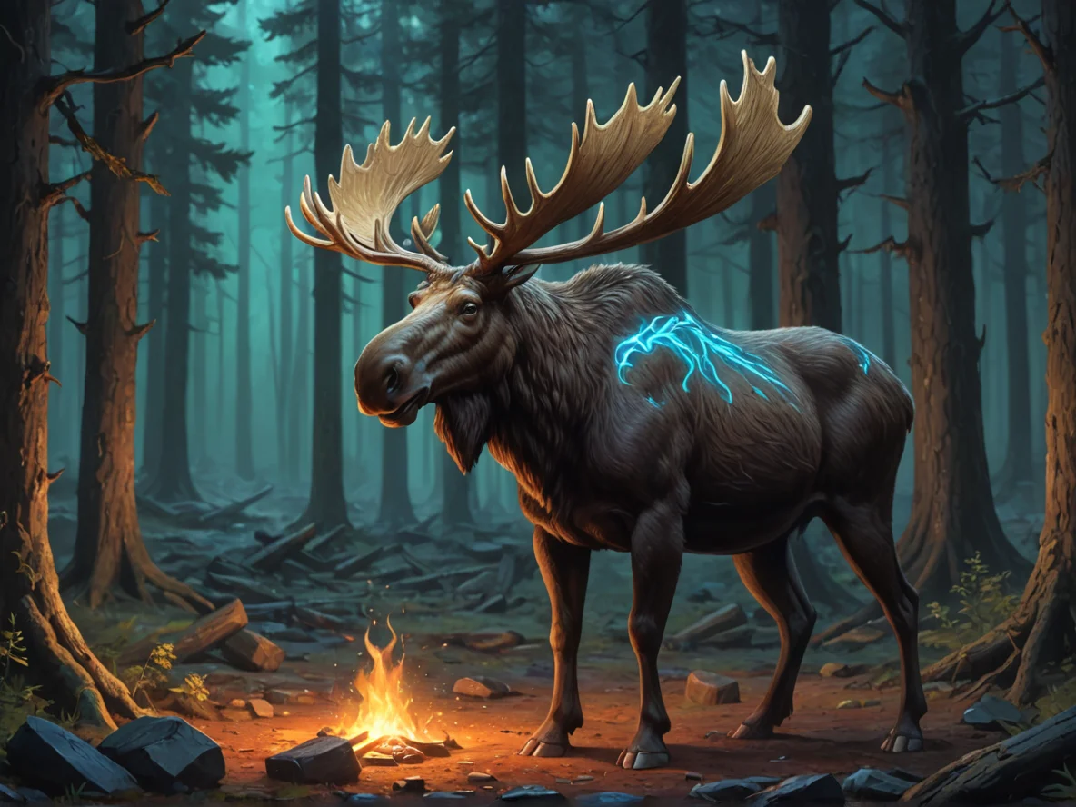 Rune-marked (Moose:1.1), In a hall where every torch burns a different color, three-quarter view, underground forest, weak