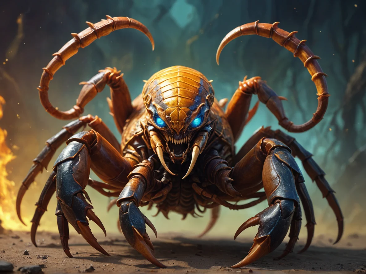 Radiant (Giant Scorpion:1.1), A second spectral pair of arms mimicking every gesture, medium close-up, weak