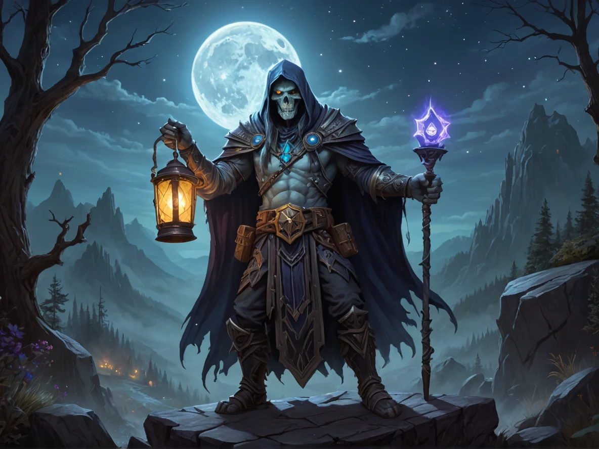Brave (Undead:1.1), Gravekeeper, Holding a lantern of captured starlight, full-body shot, rocky mountain, weak