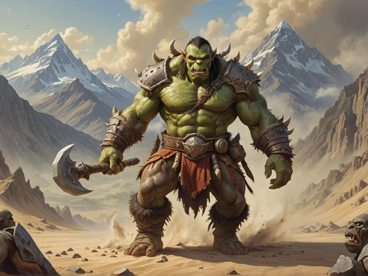 Hot-headed (Orc:1.1), Barbarian, Sand vortex conjured by staff, full-body shot, mountain peak, weak
