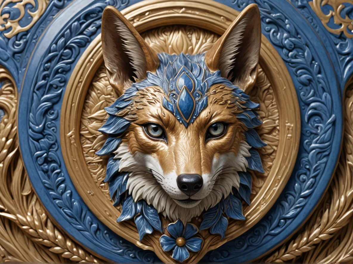Nightbound (Jackal:1.1), A porcelain gorget decorated with blue floral designs, medium close-up, golden wheat field, weak
