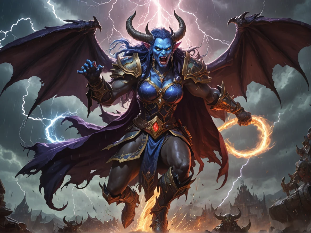 Honorable (Demon:1.1), Witch, Riding storm cloud crackling with thunder, full-body shot, weak