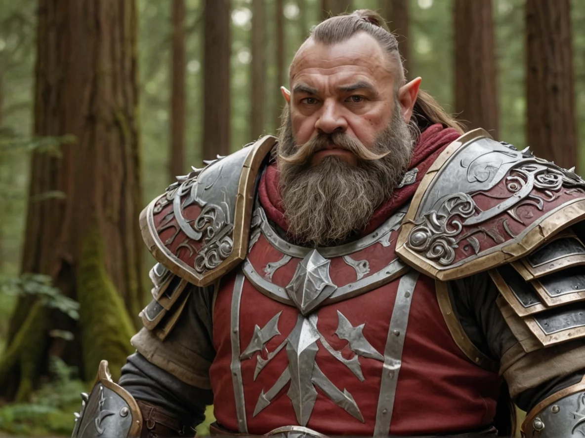 Resilient (Dwarf:1.1), Templar, A tabard split into strips of crimson and ivory, medium close-up, redwood grove, weak