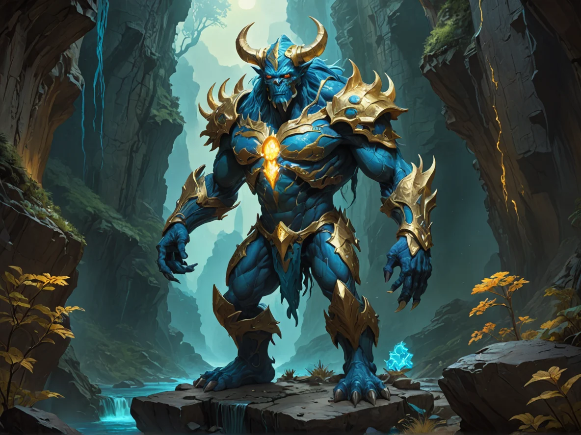 Charismatic (Earth Elemental:1.1), marble guardian, gold veins, statuesque silhouette, In a canyon filled with bioluminescent fungi, three-quarter view, weak