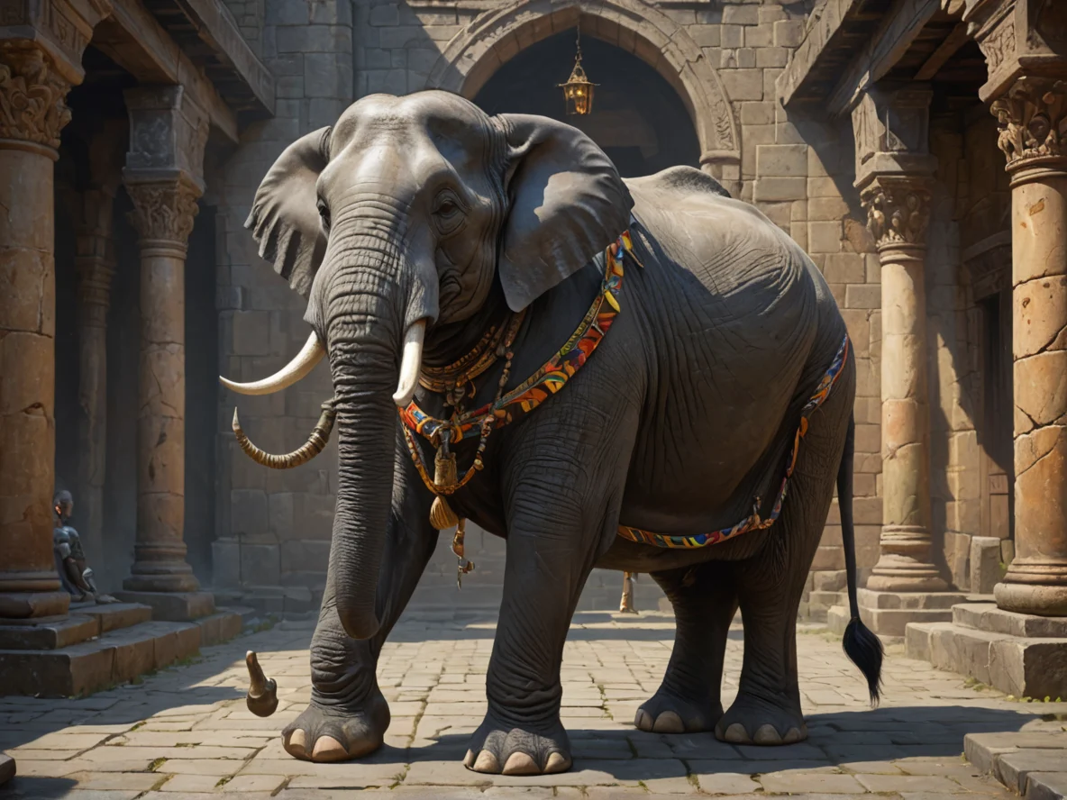 Unpredictable (Elephant:1.1), Carries a staff made of ebony, full-body shot, castle courtyard, weak