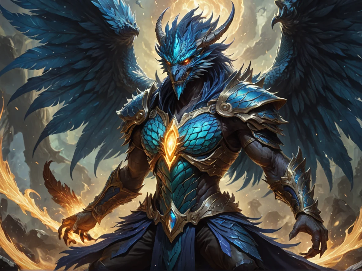 Vindictive (Air Elemental:1.1), feathered gale body, circular vortex, sweeping silhouette, Cape lined with shimmering dragon scales, close-up portrait, weak