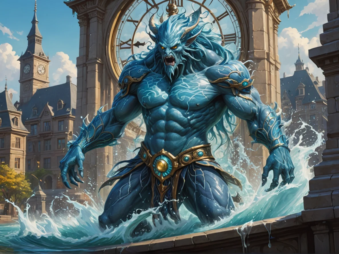 Unforgiving (Water Elemental:1.1), translucent water body, wave limbs, tide core, streaming fins, Atop a clocktower, listening to its rhythmic ticking, waist-up shot, weak