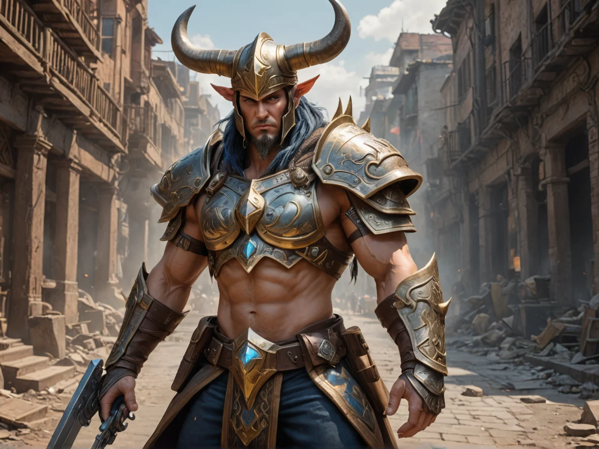 Fearsome Human male, Caucasian, Gunslinger, A helmet crowned with sweeping bronze horns, full-body shot, crystal city, weak