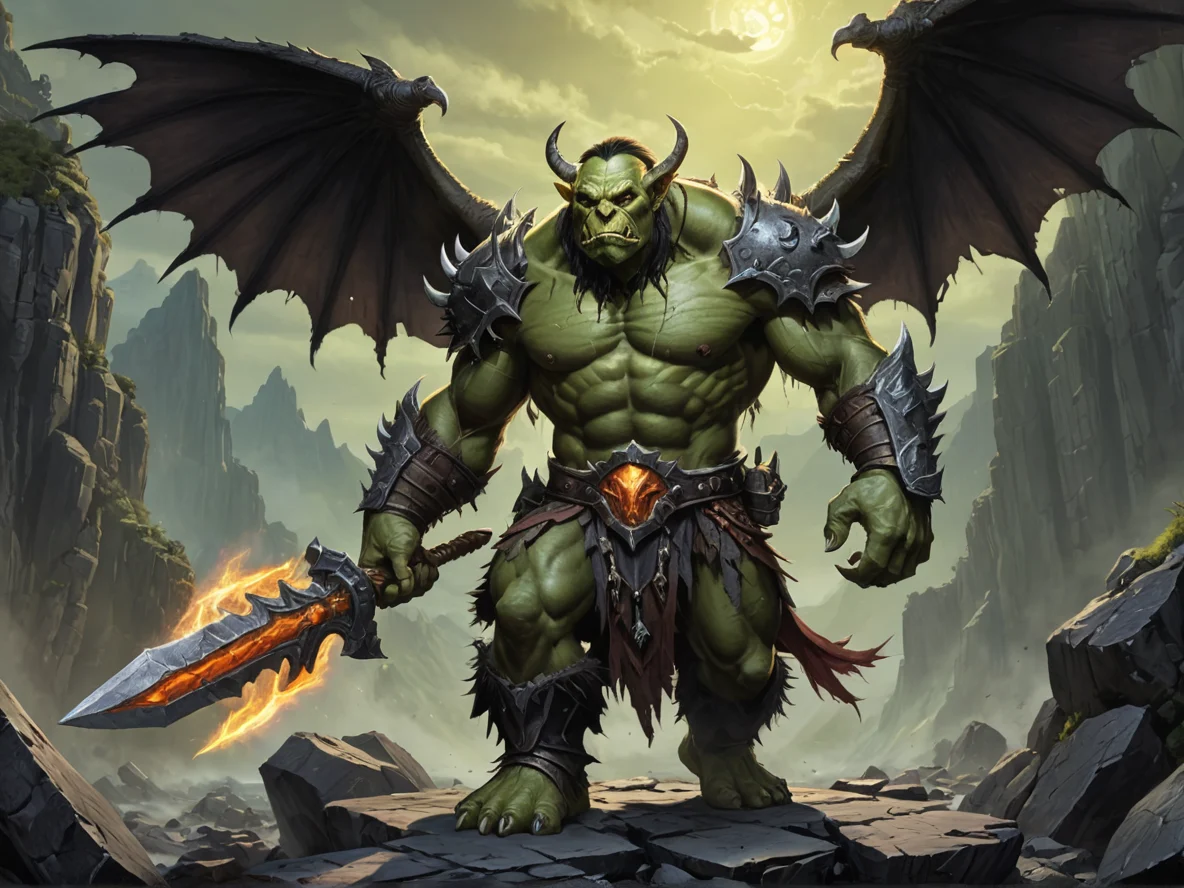 Arrogant (Orc:1.1), Spellbreaker, Wings made of pure energy, full-body shot, obsidian cliffs, weak