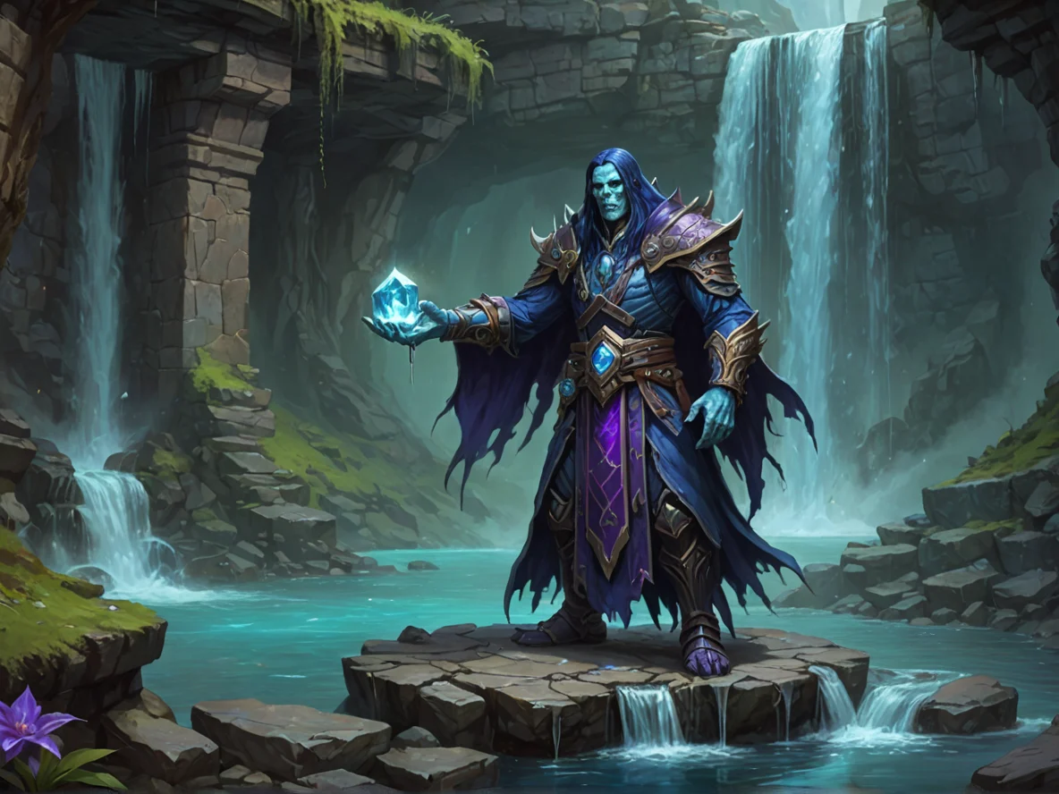 Tideborn (Undead:1.1), Sorcerer, At the base of a waterfall, holding a shimmering gemstone, full-body shot, castle dungeon, weak