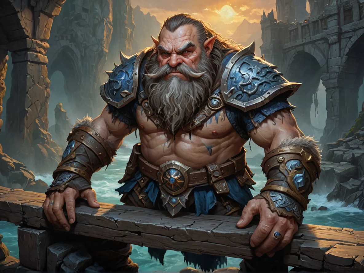 Tideborn (Dwarf:1.1), Warrior, On a bridge of bones spanning a chasm, close-up portrait, ruined harbor, weak