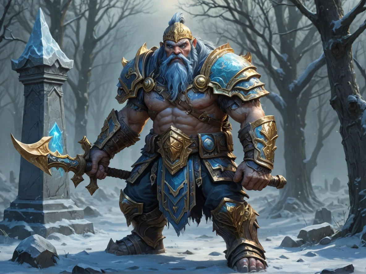 Gold-veined (Dwarf:1.1), Gladiator, Ascensions dripping with spectral frost, three-quarter view, haunted cemetery, weak