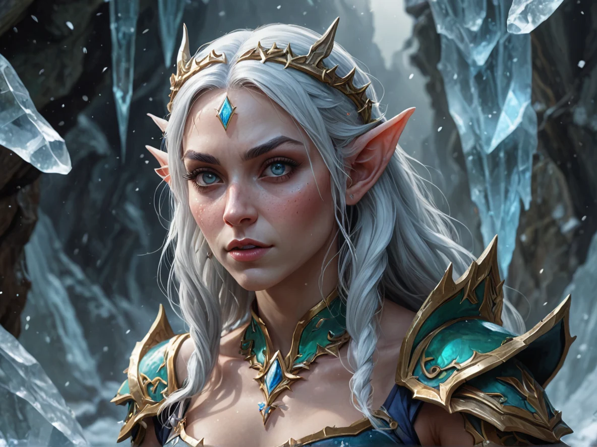 Merciless (Elf:1.1), Witch, Surrounded by floating shards of ice, close-up portrait, deep ravine, weak