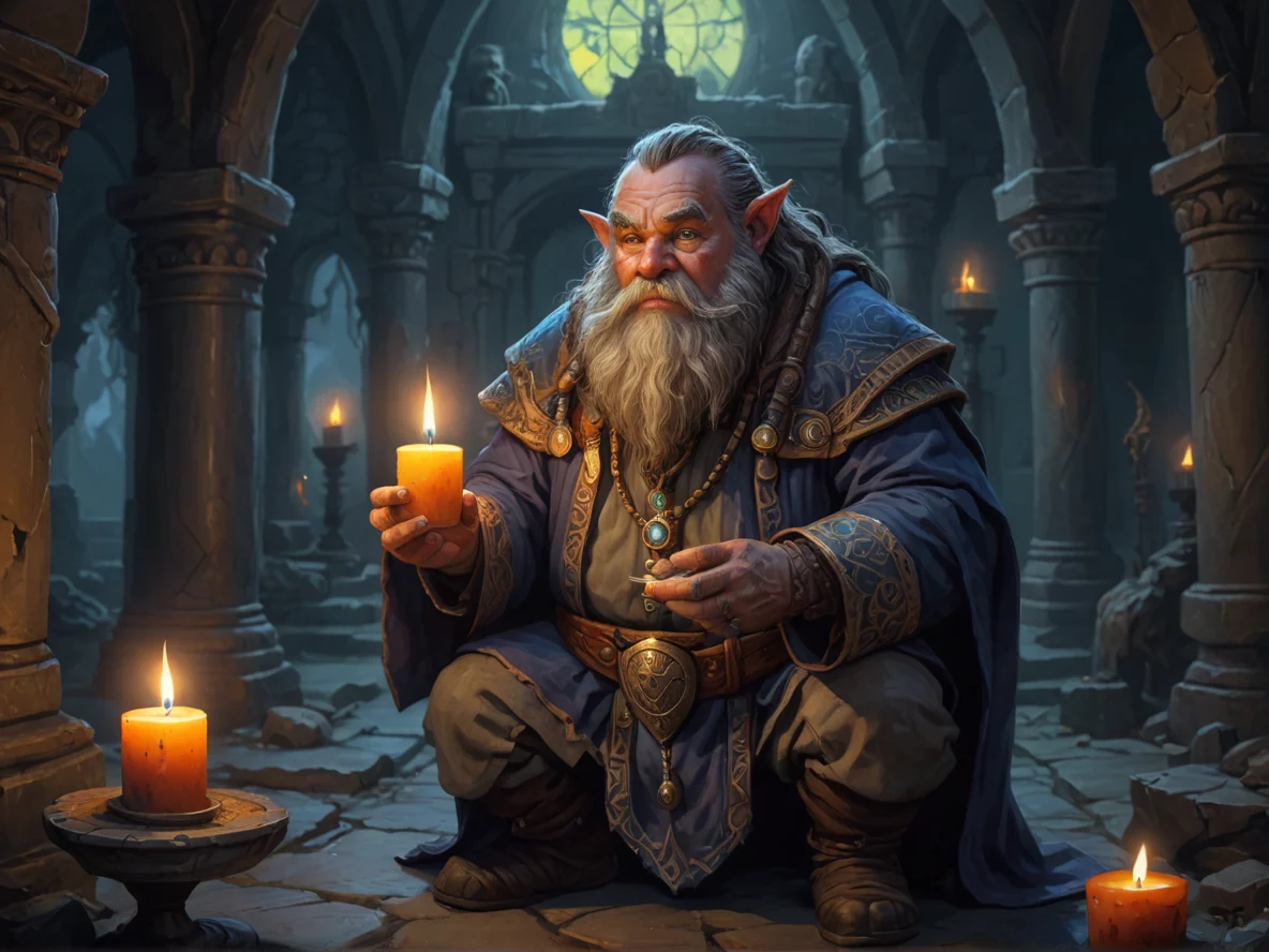 Altruistic (Dwarf:1.1), Geomancer, In a haunted manor, holding a flickering candle, three-quarter view, lost city, weak