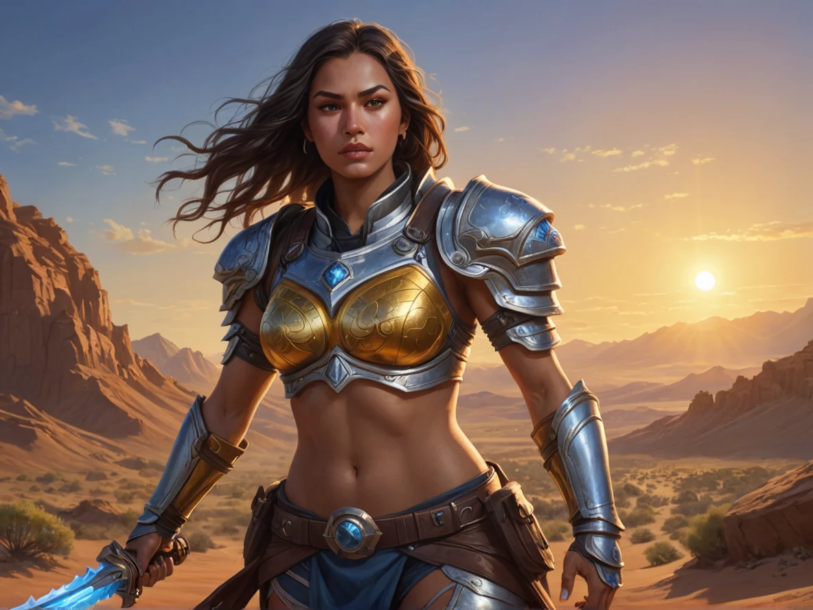 Reserved Human female, Pacific Islander, Paladin, Under a blazing sun, trekking determinedly across the desert, waist-up shot, eclipse sky, weak