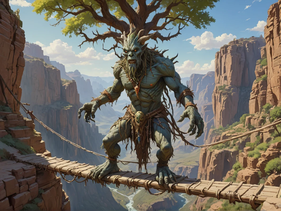 Sinister (Earth Elemental:1.1), tree-and-stone spirit, bark limbs, fine roots, On a narrow rope bridge above a canyon, waist-up shot, desert village, weak