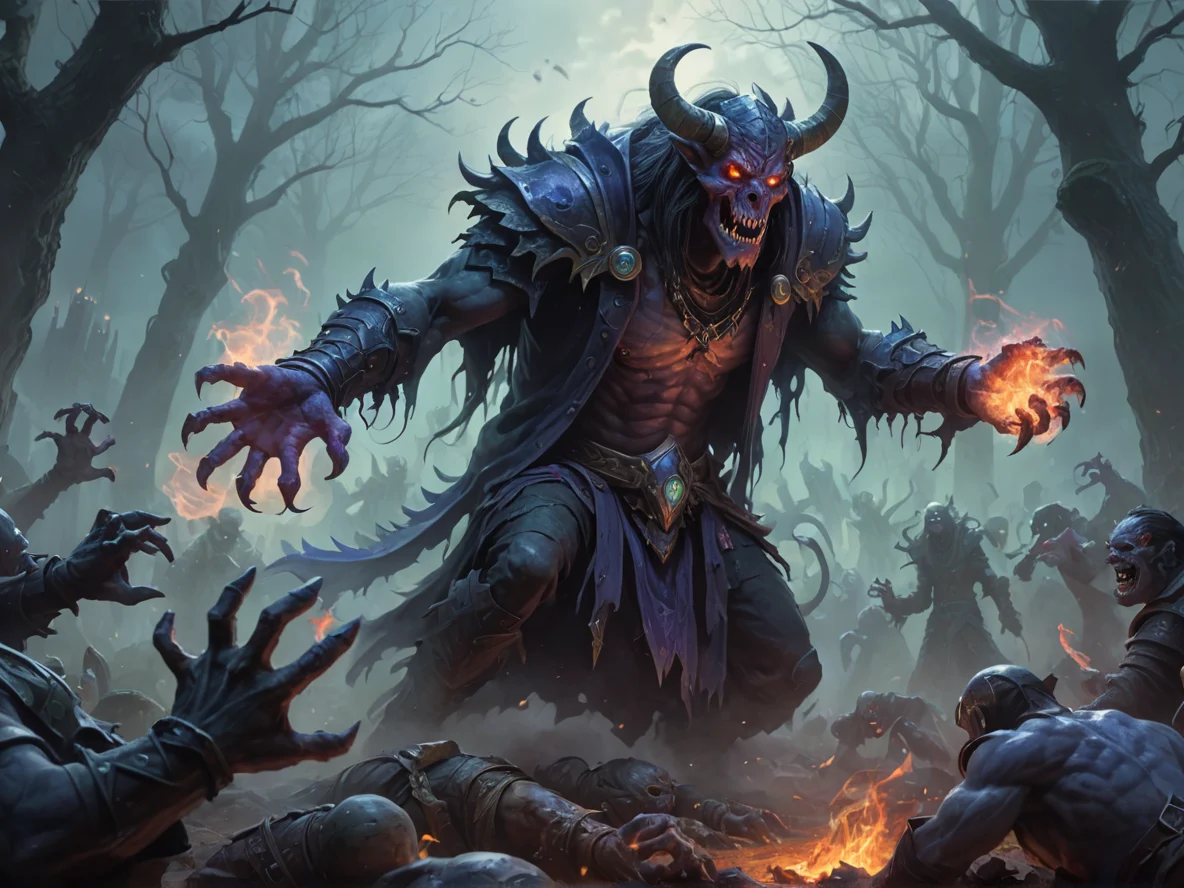 Intimidating (Demon:1.1), Summoner, A swarm of spectral hands reaching from the ground, three-quarter view, foggy graveyard, weak