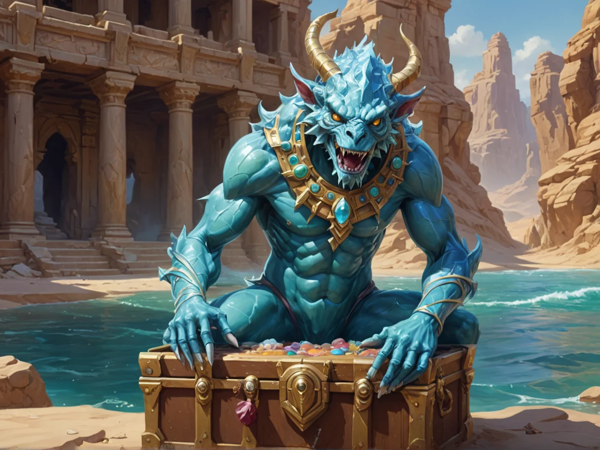 Optimistic (Water Elemental:1.1), slender vertical wave, pearl core, ribbon arms, Sitting on a treasure chest, looking triumphant, close-up portrait, desert ruins, weak