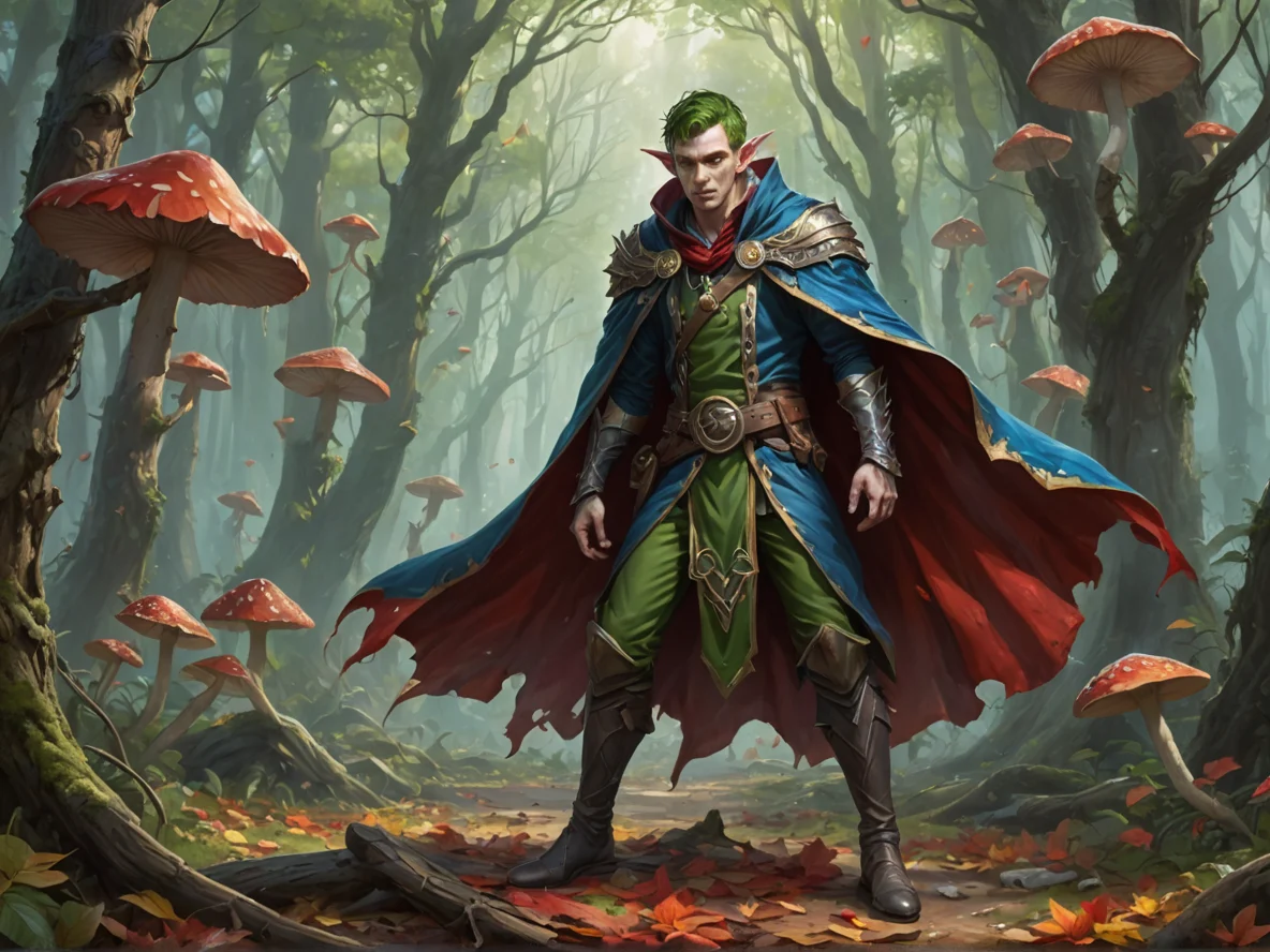 Fallen (Elf:1.1), Illusionist, A banner of torn cloth trailing behind them, full-body shot, mushroom forest, weak