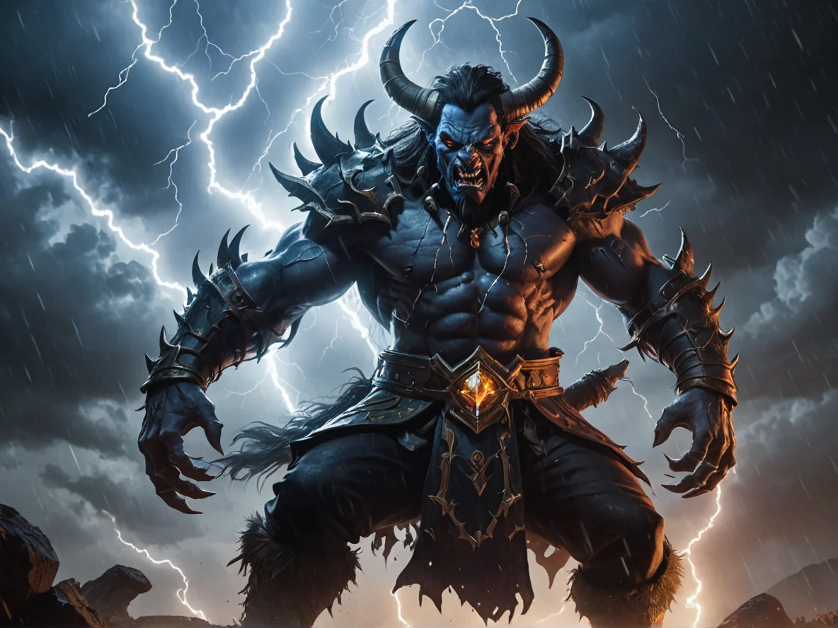 Stormborn (Demon:1.1), Illusionist, Inside a storm, lightning framed behind their silhouette, waist-up shot, weak