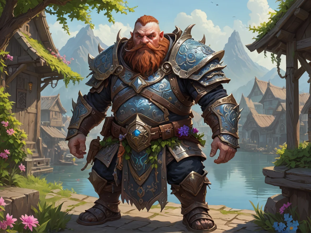 Spectral (Dwarf:1.1), Inquisitor, A cuirass wrapped in flowering thorn branches, three-quarter view, fishing village, weak
