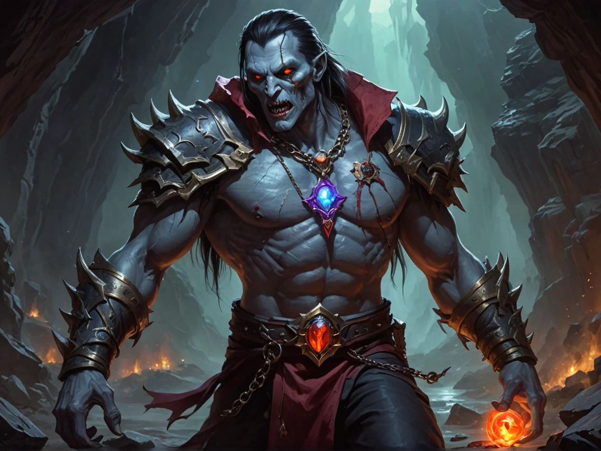 Hallowed (Undead:1.1), Vampire, Wears a glowing amulet around the neck, dynamic angle, rocky gorge, weak