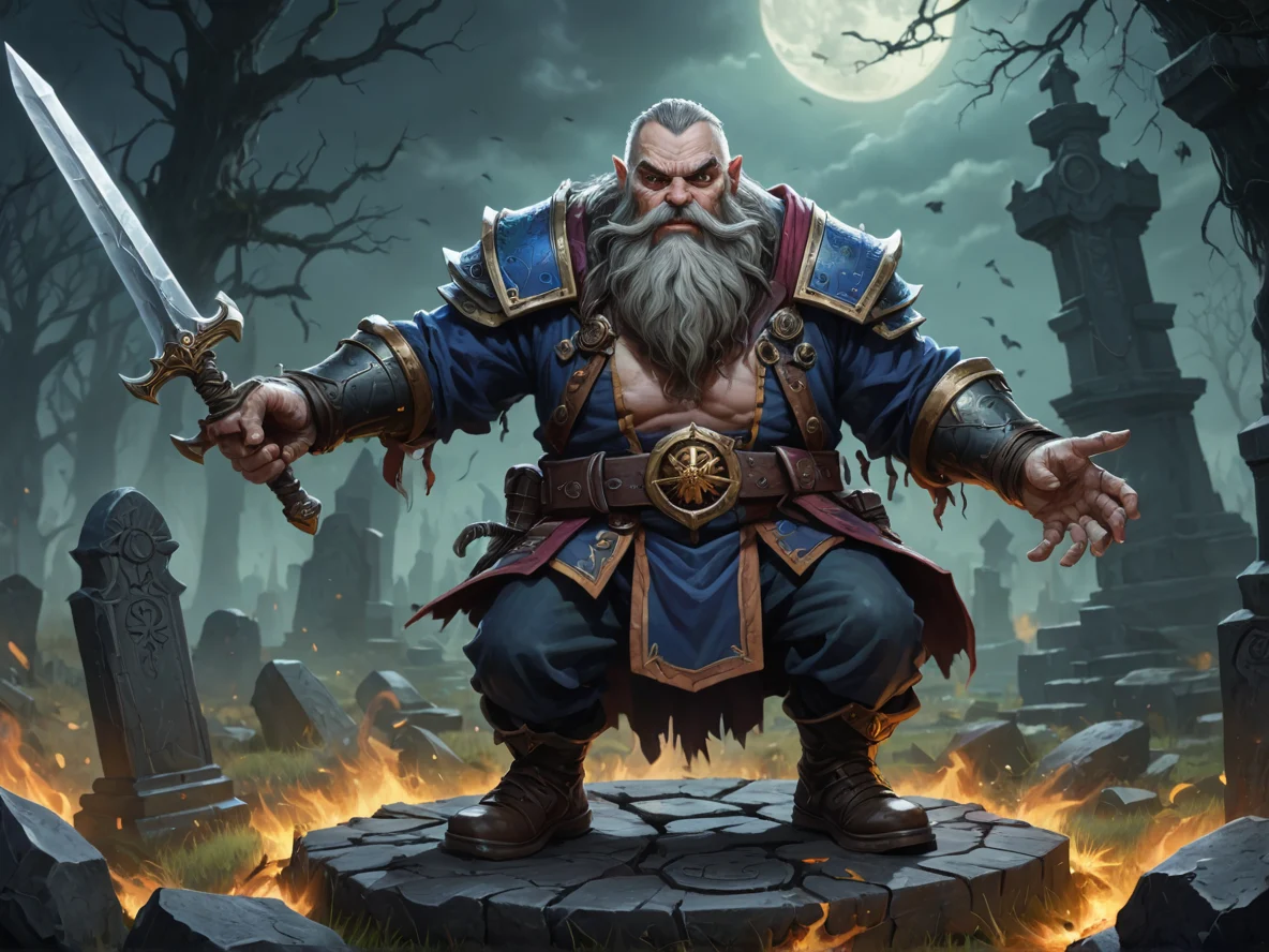 Grim (Dwarf:1.1), Artificer, A ring of floating daggers ready to strike, low angle shot, haunted cemetery, weak