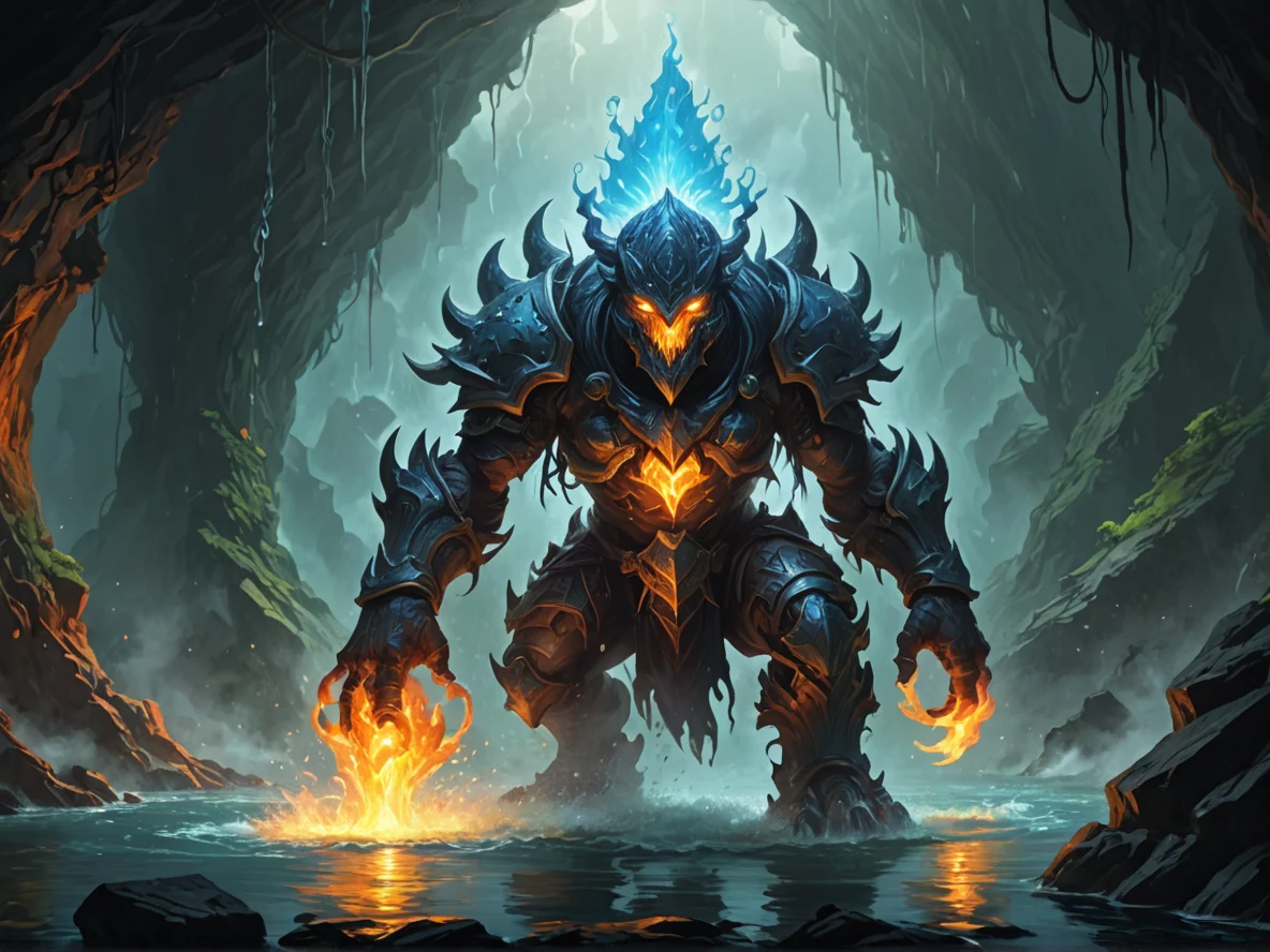 Deep-rooted (Water Elemental:1.1), mist elemental, suspended droplets, faint silhouette, A helmet bearing a plume of spectral fire, dynamic angle, lava cave, weak