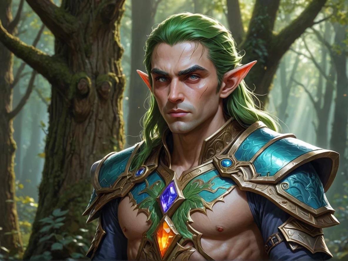 Vindictive (Elf:1.1), Duelist, A gemstone embedded in the sternum, pulsing softly, close-up portrait, giant tree grove, weak