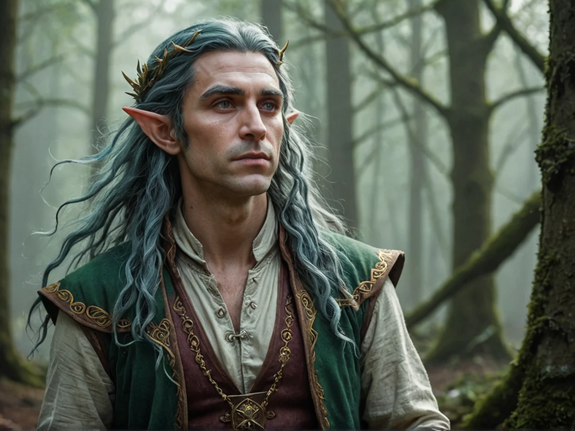 Generous (Elf:1.1), Bard, Hair flowing upward as though gravity were reversed, close-up portrait, misty forest, weak