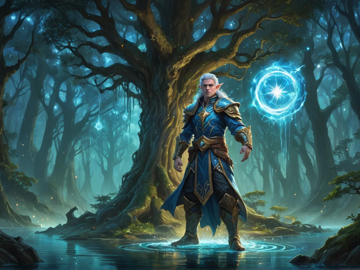 Fearless (Elf:1.1), Elementalist, A ring of water reflecting unfamiliar stars, dynamic angle, giant tree grove, weak
