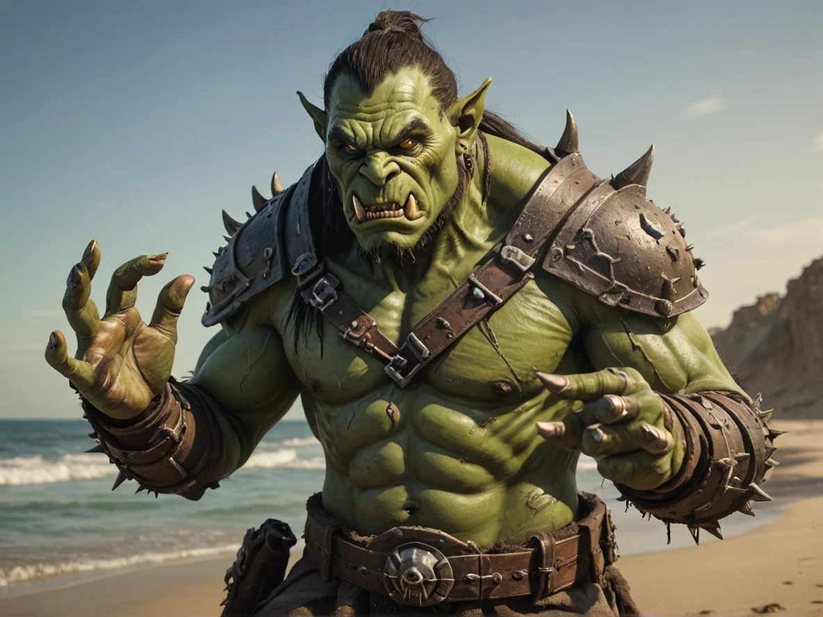 Ghost-touched (Orc:1.1), Assassin, Hands stained with glowing ink, three-quarter view, sandy beach, weak