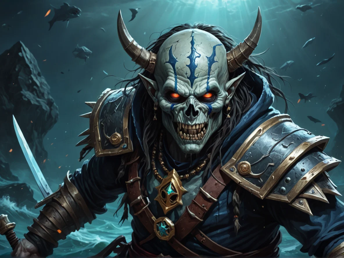 Rune-marked (Undead:1.1), Occultist, Wears a sash filled with throwing knives, close-up portrait, deep ocean, weak
