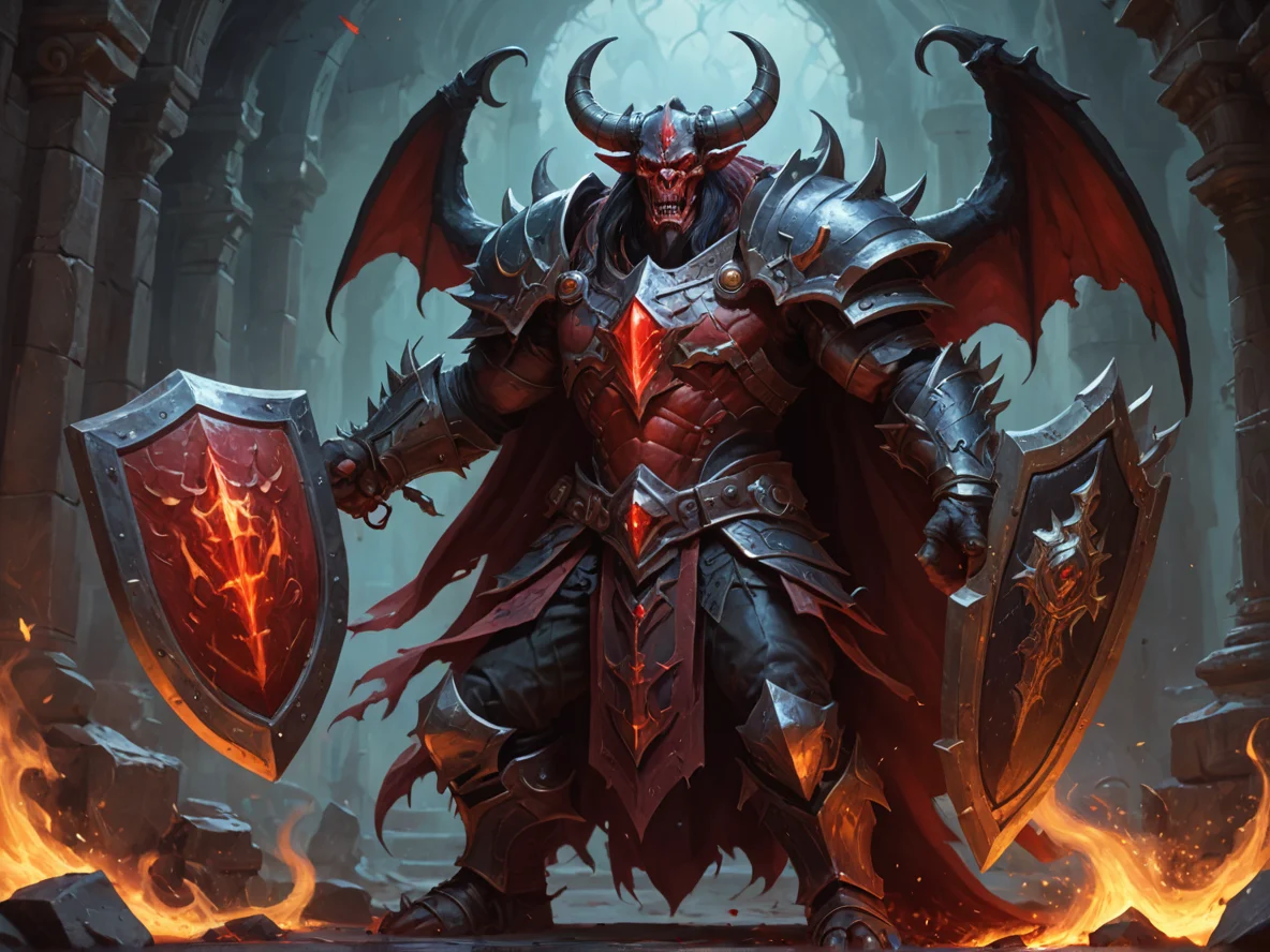 Relentless (Demon:1.1), Blood Mage, A shield whose painted heraldry changes each moment, low angle shot, forgotten altar, weak