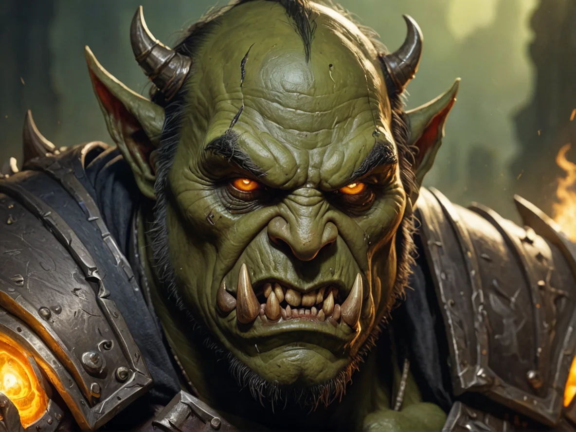 Malicious (Orc:1.1), Reaper, Eyes glow with golden light, close-up portrait, weak