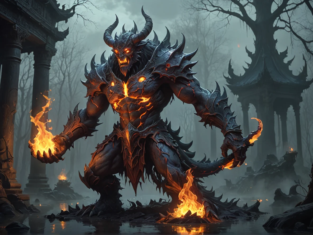 Flameforged (Fire Elemental:1.1), liquid magma body, burning crown, elegant stance, In a palace made of glass and moonlight, three-quarter view, foggy swamp, weak