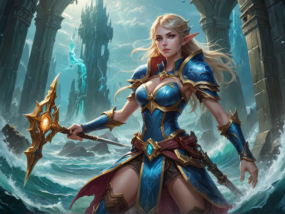 Swift (Elf:1.1), Spellblade, Defending shattered gate to dreamy realm, waist-up shot, ocean trench, weak