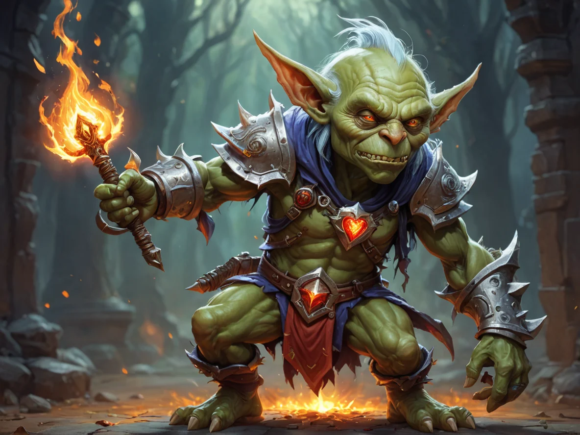 Celestial (Goblin:1.1), Pyromancer, A thread of silver light linking heart and weapon, three-quarter view, weak