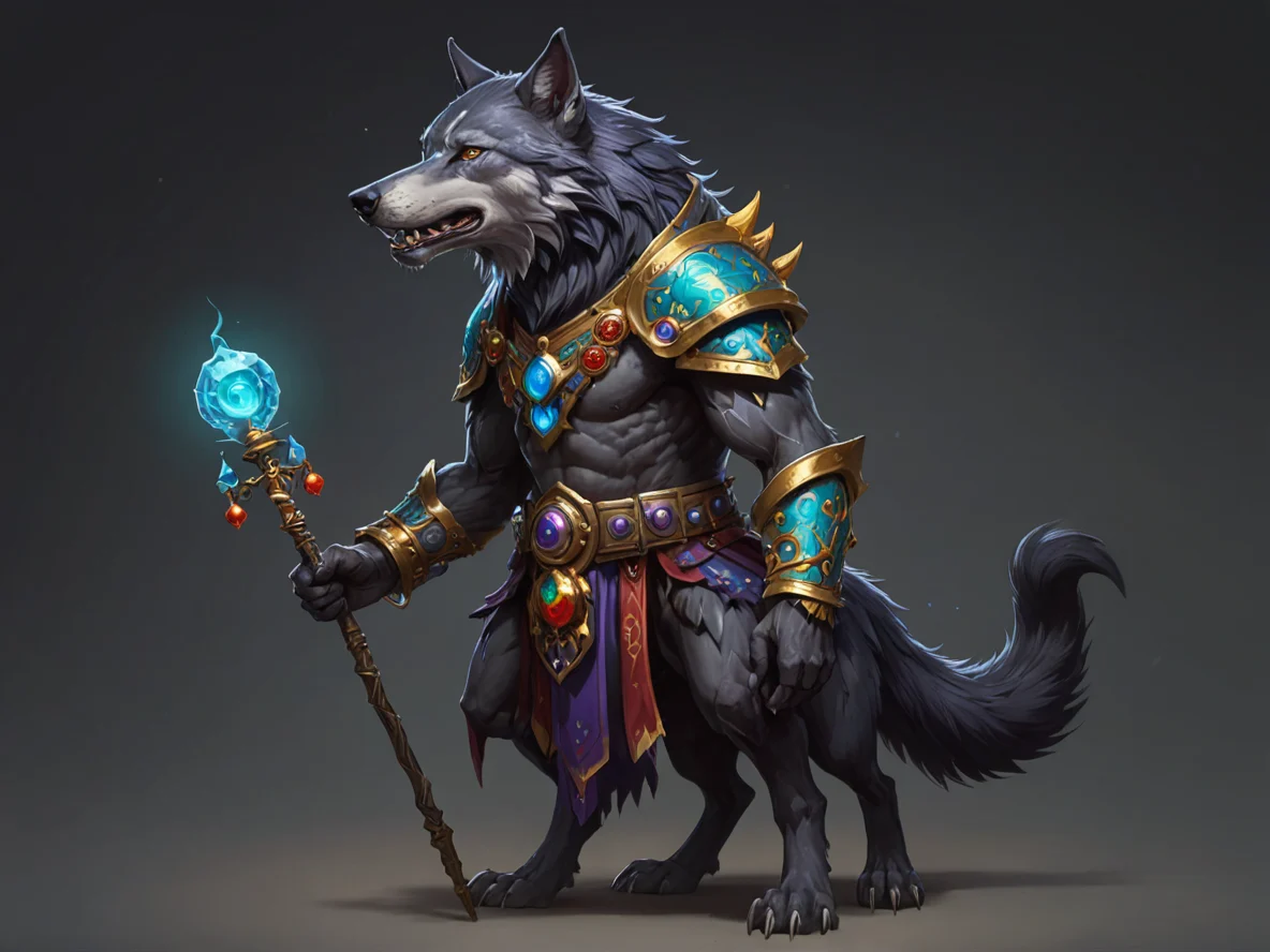Void-touched (Wolf:1.1), A staff adorned with bells that ring without sound, full-body shot, weak