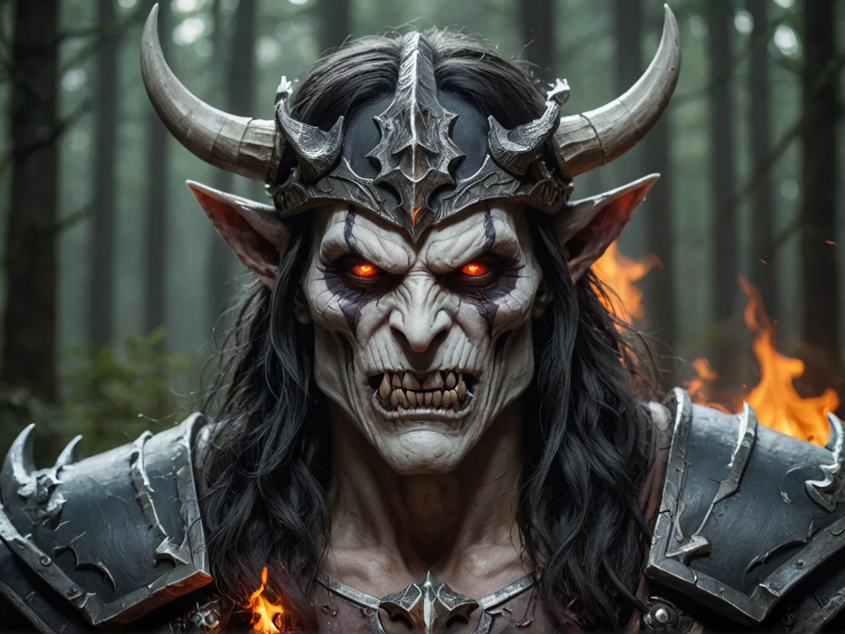 Pessimistic (Demon:1.1), Pyromancer, A bone-white visor with no visible eye slits, close-up portrait, dark forest, weak