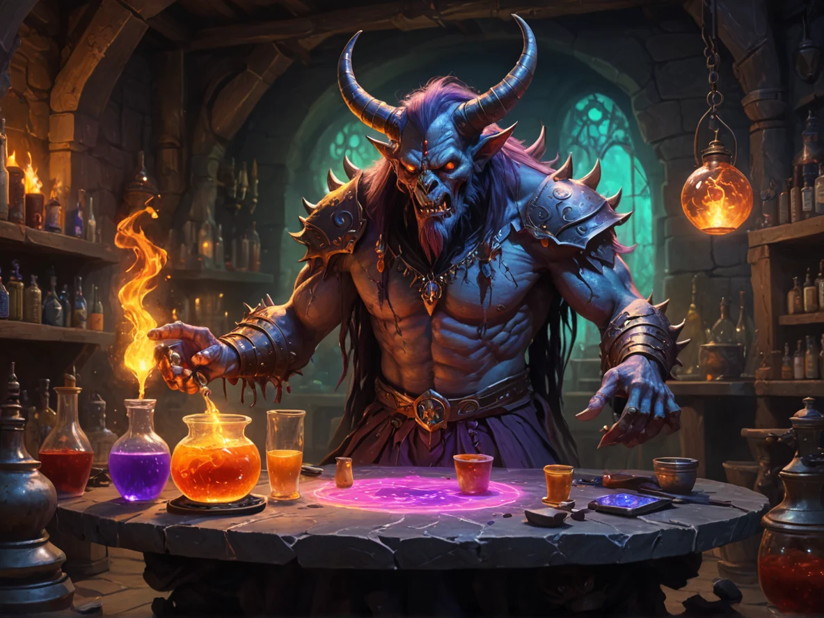 Compassionate (Demon:1.1), Soulbinder, In an alchemist’s lab, mixing glowing liquids, full-body shot, stone canyon, weak