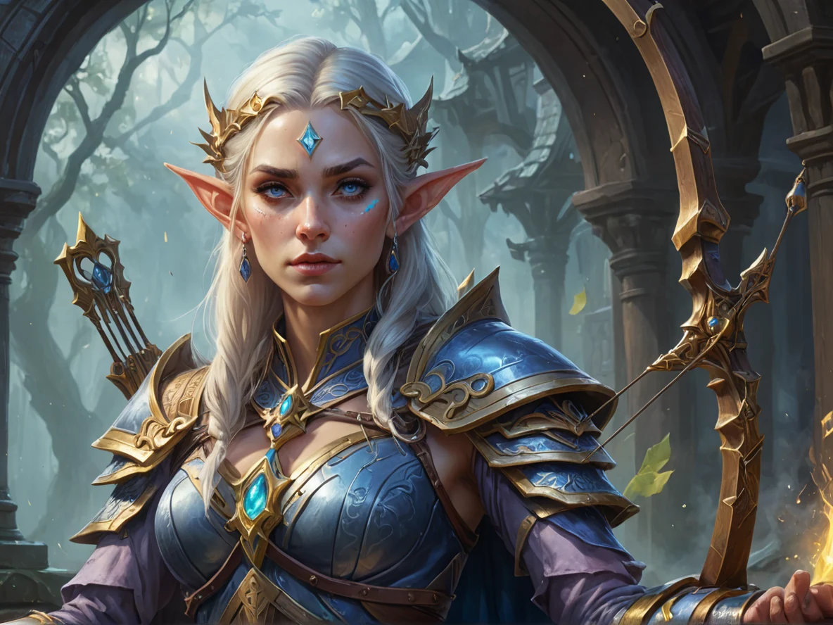 Duskwoven (Elf:1.1), Cleric, A crossbow whose bolts form from condensed mist, close-up portrait, floating library, weak
